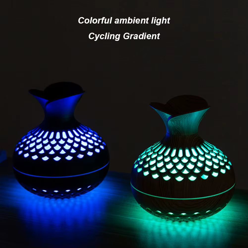 300ML Wood Grain Flower Humidifier Silent Aromatherapy Diffuser USB Rechargeable Mini Air Humidifier with Colorful Night Light