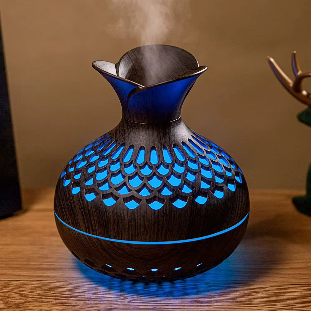 300ML Wood Grain Flower Humidifier Silent Aromatherapy Diffuser USB Rechargeable Mini Air Humidifier with Colorful Night Light