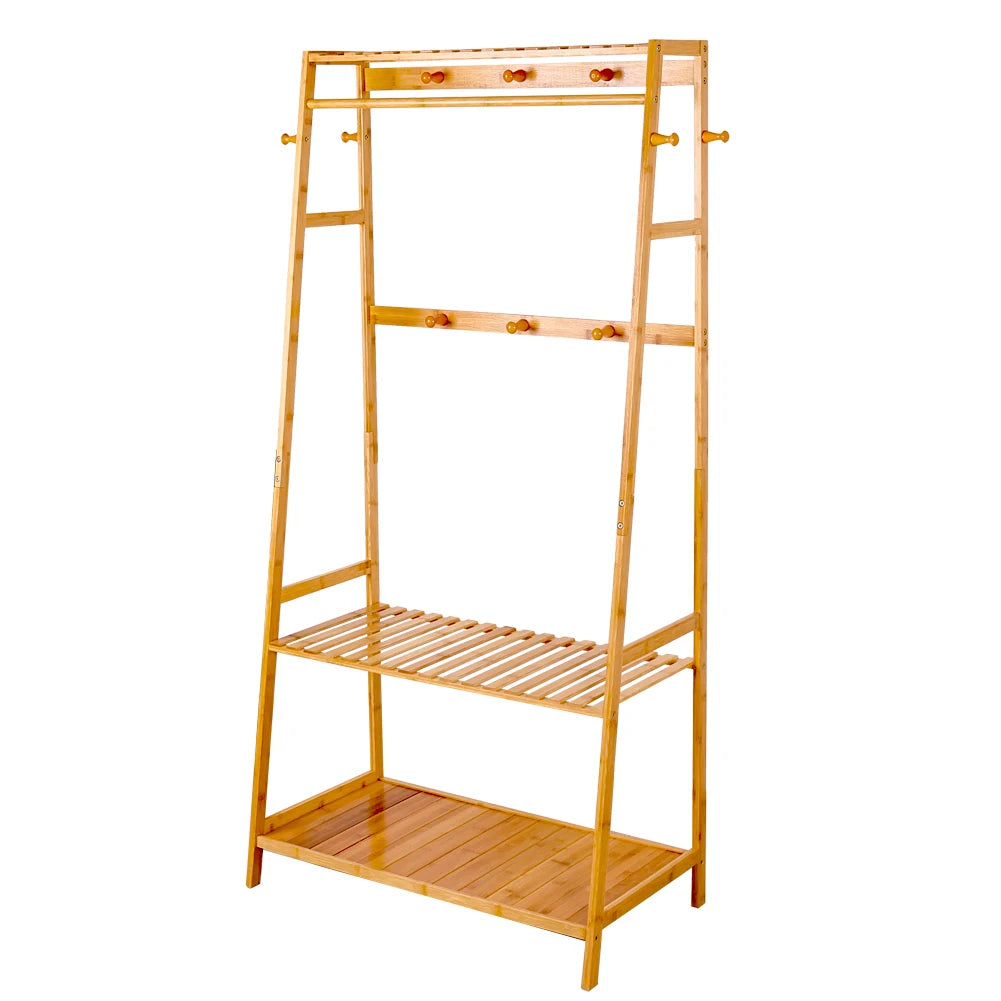Bamboo Garment Coat Clothes Hanging Heavy Duty Rack with Top Shelf and 2-Tier Shoe Clothing Storage Organizer Shelves