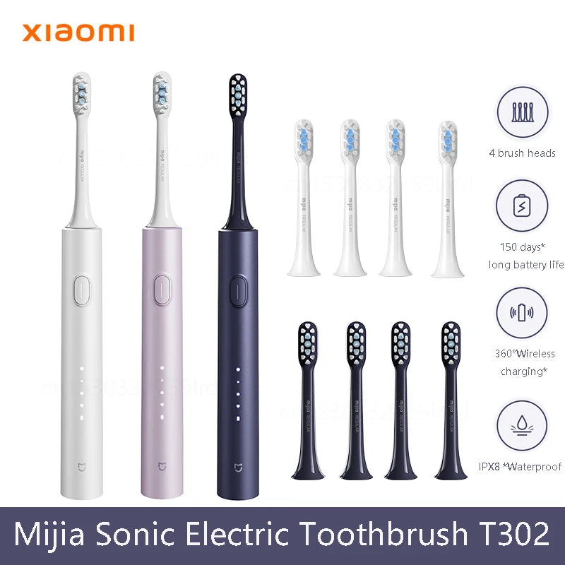 XIAOMI  Sonic Electric Toothbrush T302 3Colors 4 Brush Heads IPX8 Water Proof 360° Wireless Charging 4 Modes Cleaning Teeth