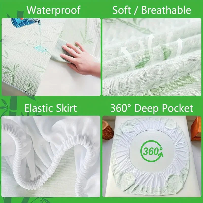 1Pc Waterproof Bamboo Mattress Cover (Without Pillowcase), Cooling & Breathable Fitted Bed Sheet with 6-14Inches Deep Pocket